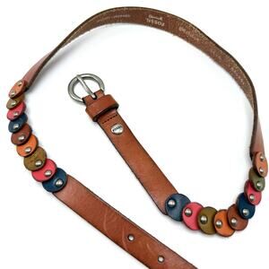 Fossil Boho Leather Skinny Belt S 30-34 Tan Brown Colorful Circle Dots Hippie